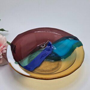 Vintage Multicolor Fused Textured Art Glass Candy Trinket Dish